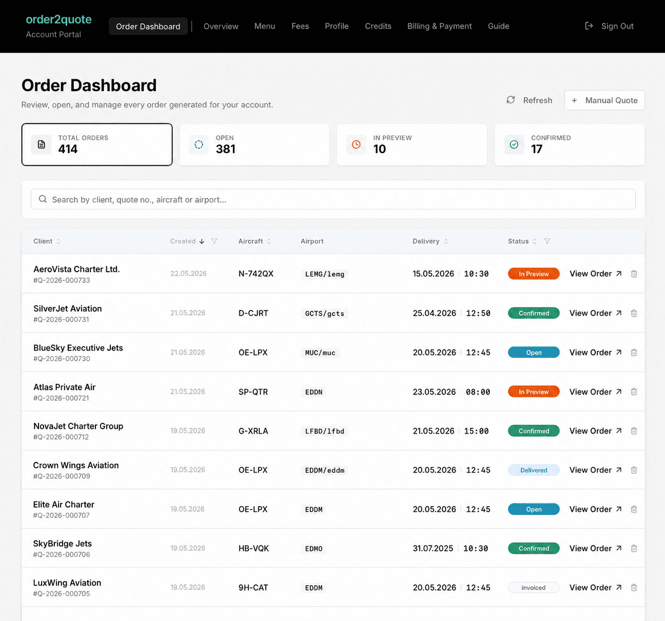 order2quote Order Dashboard showing all orders with client, aircraft, airport, delivery date and status